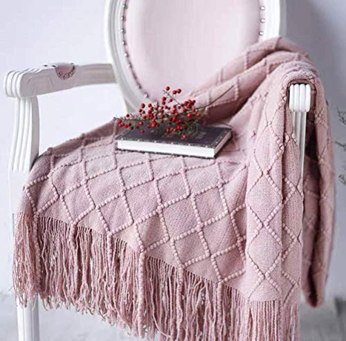 OliveSleep Gestrickte Überwurfdecke mit Fransen, leicht, weich, warm (Rosa, 130 x 203 cm)