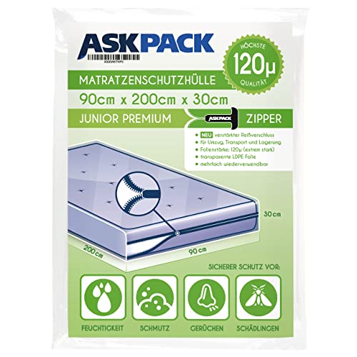 ASK Pack Matratzenschutzhüllen • 7 Größen • Anker Reißverschluss • Extrem reißfest • Wasserdicht • Ideal fur Umzug, Lagerung & Transport • Ultra Starke Folien bis 120µ (90 cm x 200 cm)