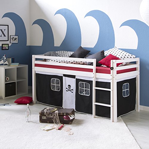 Homestyle4u 1534, Kinderbett 90x200 Hochbett mit Treppe Vorhang Pirat Schwarz Weiß Bettgestell Holz Kiefer Kinderzimmer