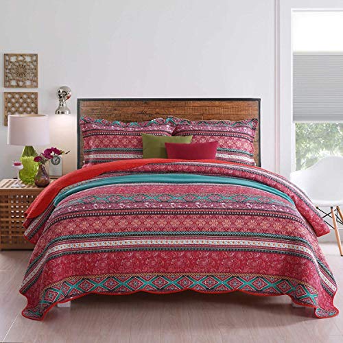 Qucover Tagesdecke Boho 230x250 cm, Bunte Überwurf für Bett, Gesteppte Winterdecke aus Baumwolle, Patchwork Stil, mit Kissenbezug inklusive