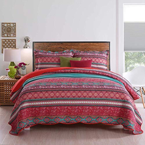Qucover Übergröße Tagesdecke 250x270 cm Boho Stil, Bettüberwurf 240 x 260 cm, Bunte Steppdecke, Sommerdecke aus Baumwolle, Patchwork Stil, mit Kissen Set