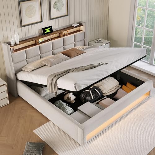 Polsterbett 140x200, LED Doppelbett mit Stauraum und Lattenrost, Kopfteil mit Staufach und USB-Ladefunktion, Hydraulisch Stauraumbett Rückenlehne Bettgestell, ohne Matratze (Hellbeige, 140x200)