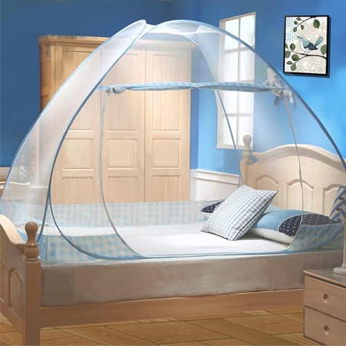Digead Moskitonetz Bett,Faltbares Bett-Moskitonetz, Tragbares Reise-moskitonetz, Einzeltür-Moskito-Campingvorhang,100 × 200 cm-Blauer Rand