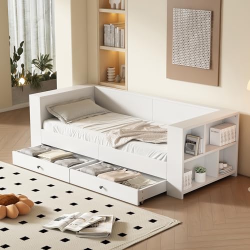 Jovify Funktionsbett 90 x 200 cm mit 2 Schubkästen und Ablagefächern, Modernes Einzelbett Kinderbett Tagesbett Gästebett, Praktisches Jugendzimmer Kojenbett in Weiß - 240 x 75 x 99,5 cm (B/H/T)