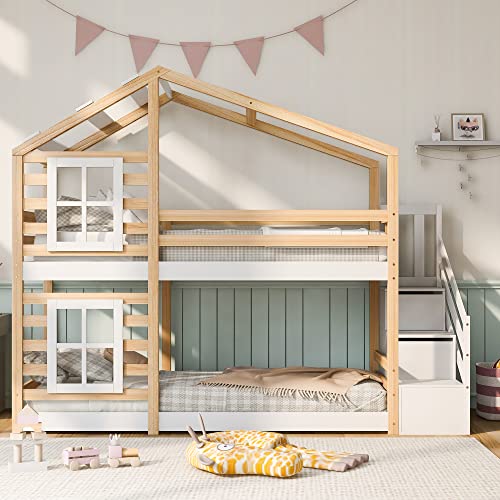 Kehun Etagenbett Kinderbett 90 x 200, Hausbett für 2 Kinder, Hochbett mit Holz Lattenrost, Holzbett mit Schublade und Fenster, Baumhaus Bett mit Rausfallschutz und Treppe, Natur & Weiß, Ohne Matratze.