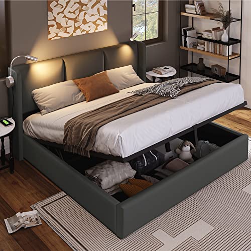 Tkopy Polsterbett 160x200, Doppelbett mit Stauraum, Leselicht mit USB-Ladefunktion Kopfteil, Bett mit Lattenrost und Bettkasten, Stauraumbett Rückenlehne Bett, PU, Grau (ohne Matratze)