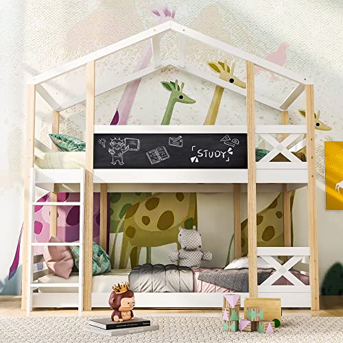 Dolamaní Hochbett Baumhaus für Kinder, Etagenbett 90 x 200 cm, Kinderbett mit Leiter & 2 Lattenrost,Natur & Weiß