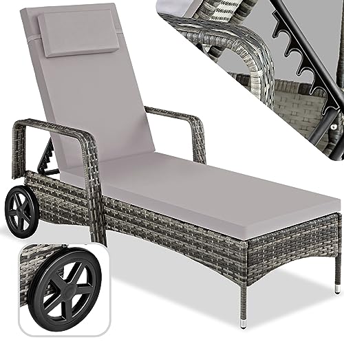 tectake® Aluminium Rattan Sonnenliege mit Armlehne und Rollen, Outdoor Polyrattan Gartenliege mit 6-Fach höhenverstellbarer Rückenlehne (bis 150 kg), Balkon Möbel oder Garten Möbel - grau