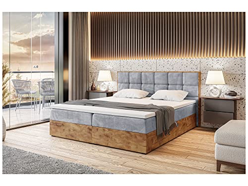 MEBLINI Boxspringbett mit Bettkasten - Gepolstert Doppelbett mit Matratze und Topper - Polsterbett mit Stauraum - Bett mit Kopfteil - Stauraumbett - LOFTY 1-160x220 - H3/Hellgrau Samt