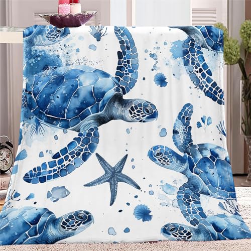 Weiche Kuscheldecke, Flauschige Flanell Warmes Wohndecke 180x200cm, SchildkröTe Mit Animal-Print Sofadecke Waschbar Tagesdecke, Blau Flauschdecke Für Kinder Jungen Erwachsene