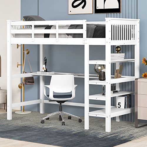 Hochbett 90x200 mit Ablagefächern und einem integrierten Schreibtisch, Kinderbett Bett mit Lattenrost und Stauraum,Funktionsbett Jugendbett mit Rausfallschutz, Bettgestell aus Holz,ohne Matratze,Weiß