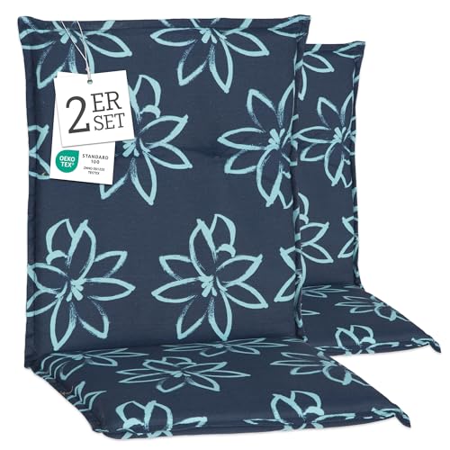 Beo Gartenstuhl-Auflagen Barcelona Niedriglehner 100 x 50 cm (2er-Pack) | Waschbare, UV-beständige Sitz-Kissen | Atmungsaktive Polster-Auflagen nach Öko-Tex Standard | Blaue Blumen | Made in EU