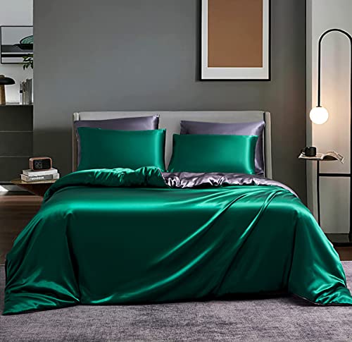 Boqingzhu Satin Seide Bettwäsche 135x200cm Grün Dunkelgrün Grau Anthrazit Uni Luxus Glanzsatin Wende Kühlende Bettwäsche Set Glatt Glänzend Bettbezug und Kissenbezug 80x80cm