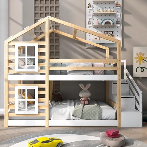 Kayan Kinderbett Baumhaus mit Schublade und Rausfallschutz 90 x 200 cm, Hochbett für Kinder– 2X Lattenrost- Natur & Weiß