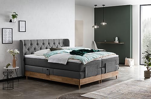 Belanoti EON Boxspringbett 160x200 elektrisch verstellbar 7-Zonen Taschenfederkern Matratze inkl Visco Topper Bett 160x200 mit Motor in der Farbe Anthrazit H2/H3 Polsterbett Motorbett Massivholz Eiche