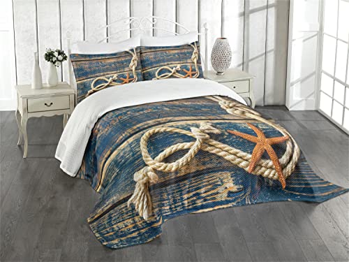 ABAKUHAUS maritim Tagesdecke Set, Seil und Seesterne Holz, Set mit Kissenbezügen Waschbar, für Einzelbetten 170 x 220 cm, Bernstein Nachtblau