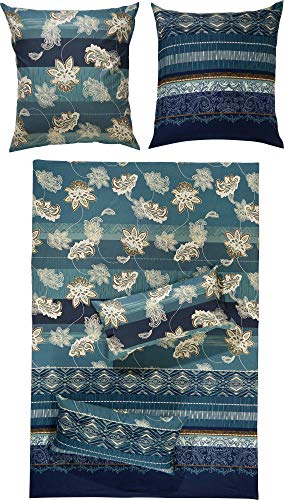 Erwin Müller Flanell Bettwäsche, Bettgarnitur mit orientalischen Blumen-Ornamenten blau, Größe 135x200 cm (40x80 cm) - klimaausgleichend, mit Reißverschluss, 100% Baumwolle (weitere Größen)