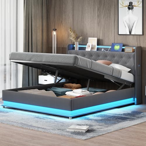 WIZBED Bett 160x200 mit L-E-D und USB, Polsterbett mit Stauraum, Hydraulischer Doppelbett mit Lattenrost und Bettkasten, Jugendbett Stauraumbett Leinenstoff Bettgestell,Grau,ohne Matratze