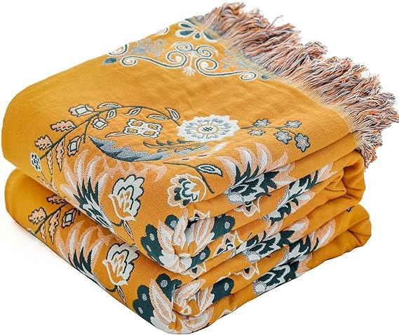 HOORDRY 100% Baumwolle Decke 230 x 250CM Boho Tagesdecke Doppelseitig Kuscheldecke Sofaüberwurf Wendedecke Couchdecke Sofadecke mit Blumen Muster,Gelb/Grün