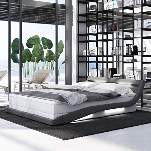 INNOCENT® - Hameni LED | 200x200cm H3 | Designer Boxspringbett in Weiss PU/Stoff Grau | Hotelbett Designerbett in Härtegrad H3