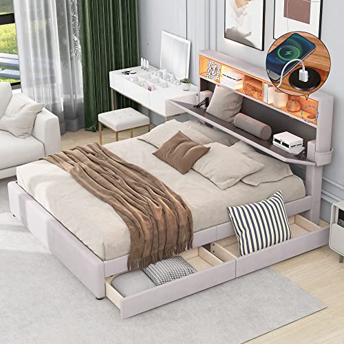 Doppelbett 140x200cm,Polsterbett Stauraum-Kopfteil Bett mit Aufladen USB und LED-Beleuchtung，Funktionsbett mit Zwei Schubladen, Verstellbares Kopfteil (Beige)