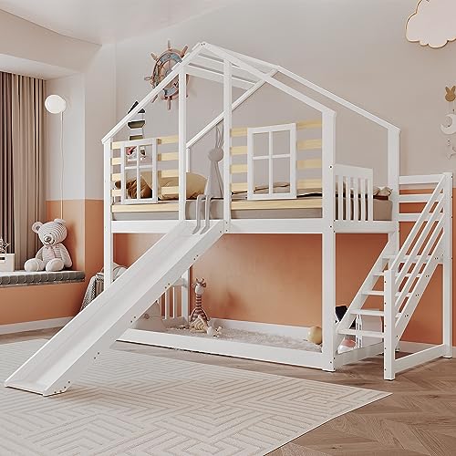 Aoskem Kinderbett Etagenbett 90x200, Hochbett Hausbett Holzbett mit Treppe & Rutsche, Bettgestell mit Rausfallschutz und Gitter, Bett mit 1x Lattenrost, Bettrahmen aus Massivholz, Ohne Matratze, Weiß