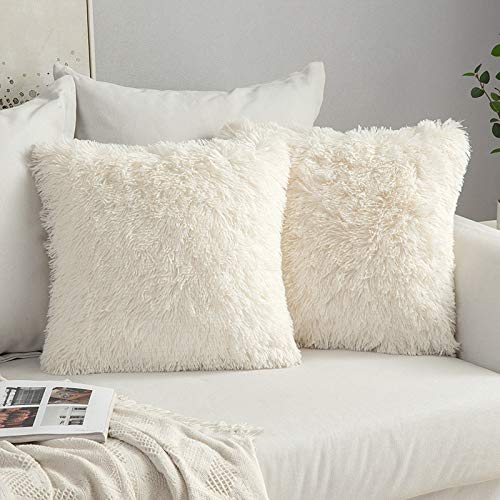 MIULEE 2er Set Kissenbezüge Künstlich Pelz Sofakissen Dekorative Dekokissen Kuschelkissen Plüschkissen Kuschelig Couchkissen Superweich Kissen Flauschig Kissenbezug für Sofa 40x40 cm Cremeweiß