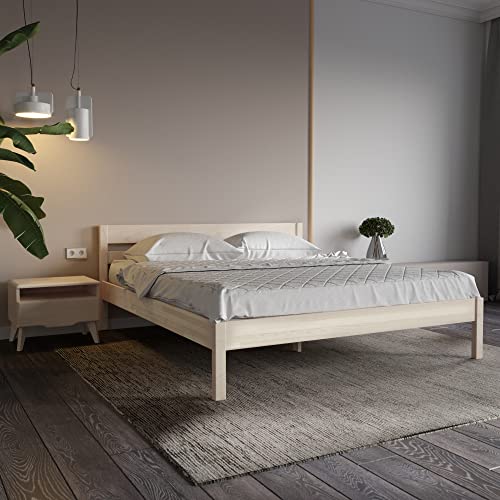 Hansales Holzbett 200x200 cm Kaja Scandi Style ohne Rollrost aus unbehandeltem hartem FSC® Birken Massivholz - über 350 kg - Doppelbett Bettgestell mit Kopfteil.