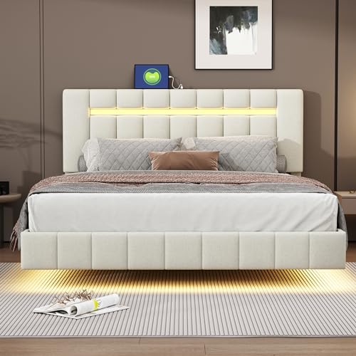 Zravenna Polsterbett 160x200 cm Beige, Schwimmendes Bettgestell Metall, Bett mit Lattenrost&Polster Kopfteil, Jugendbett, Tragfähigkeit 250 kg, ohne Matratze