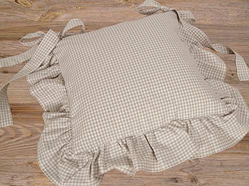 Kissen-Bezug in 40x40 cm für Stuhl-Kissen - Baumwolle Rüschen Kissen-Hülle LINA Landhaus-Stil beige weiß kariert - Waschbarer Reißverschluss Zierkissen-Bezug für Esstisch Sitz-Kissen