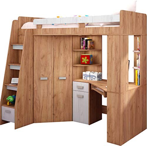 FurnitureByJDM Hochbett mit Schreibtisch, Schubladen, Regalen und Kleiderschrank – ANTRESOLA (Craft Gold/Craft White (Left))