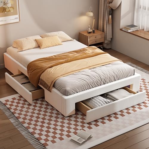 NIUAWASA Flachbett, Polsterbett mit 3 Stauraum Schubladen Lattenrost, Doppelbett ohne Kopfteil und Matratze, Stauraumbett (Beige, 140x200 cm)