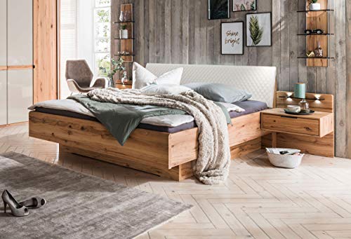 WIEMANN Livorno Bett, Doppelbett, Bettgestell 180 x 210 cm, Astkern Buche, Futonbett, Komforthöhe, schwebend, Kopfteil gepolstert, creme, gesteppt