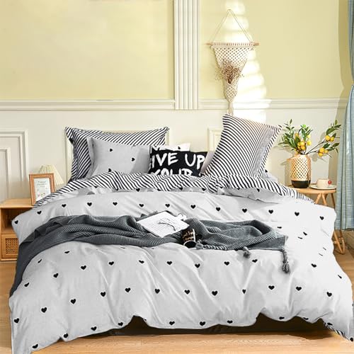 Wotcsil Herzen Bettwäsche Set 135x200 Für Mädchen Kinder Frau Bettbezug Bettwäsche Herz Weiche Kinderbettwäsche Set mit 1 x Bettbezug 1 x Kissenbezügen 80x80 cm, Weiß Grau