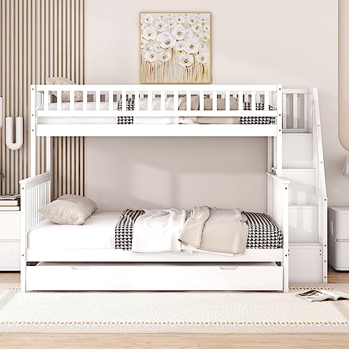 Moimhear 90 x 200 über 140 x 200 Kinder-Etagenbett mit Rollbett und Treppe, weiß