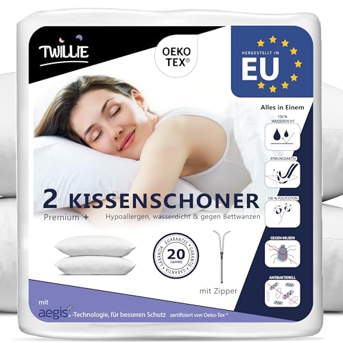 Twillie Kissenbezug Wasserdichter 80x80 cm (Set mit 2 Stück) - Aegis® - Öko-TEX® zert. – Kissenschoner mit Reißverschluss – Kissenschutzbezug Atmungsaktiv, Hypoallergen, Anti-Milben, Antibakteriell