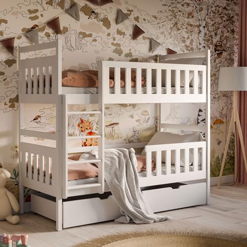 Kids Collective Hochbett 80x180 | 90x200 cm mit 2 Schubladen Etagenbett mit Rausfallschutz und Lattenrost, umbaubar in Zwei Kinderbetten, aus Vollholz massiv in weiß, Funktionsbett 200x90