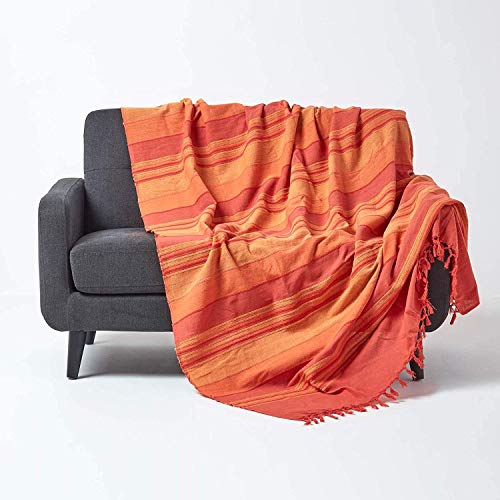 Homescapes Tagesdecke Morocco, orange, Sofa-Überwurf aus 100% Baumwolle, weiche Wohndecke 150 x 200 cm, orange-Terracotta gestreift, mit Fransen