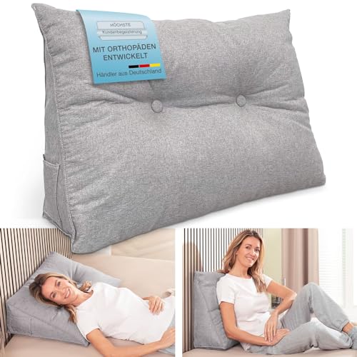 maxVitalis Rückenkissen, Keilkissen für Bett und Sofa geeignet, Lendenkissen, dreieckiges Lesekissen, Kissen mit abnehmbarem und waschbarem Bezug, mit praktischem Seitenfach, 70 cm breit