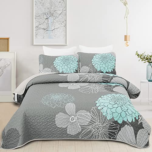 WONGS BEDDING Tagesdecke 240x260 Grüne Blumen Bettüberwurf Weiche Sommerdecke Gesteppte Decke für Doppelbett Mikrofaser Bettdecke mit 2 Kissenbezug 48x75