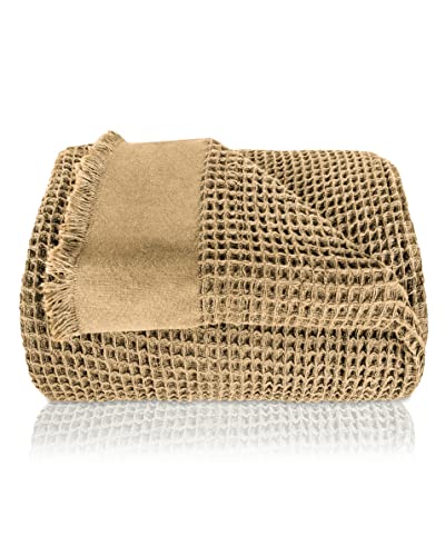 Gräfenstayn Premium Tagesdecke mit Fransen - 180 x 240 cm - leichte Sommerdecke Waffelpique - 100% Baumwolle - kühlende Wohndecke, Baumwoll-Decke als Sofa und Bett-Überwurf (Beige)