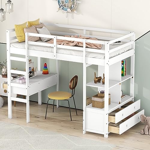 Hochbett 90x200 mit Bücherregal und Schreibtisch, Kinderbett mit 5 Schubladen, Bett mit Lattenrost und Stauraum, Funktionsbett Jugendbett mit Rausfallschutz, Bettgestell aus Holz, ohne Matratze, Weiß