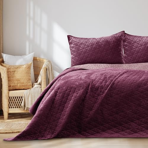 AmeliaHome Tagesdecke 220x240 cm violett lila zweiseitig Steppung Velvet Samt Laila