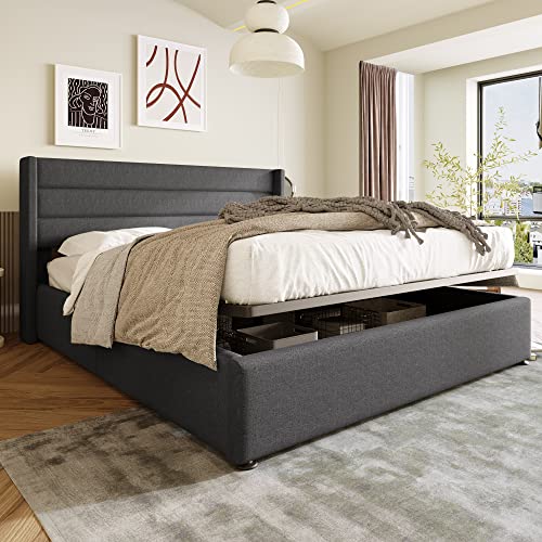 Kehun Polsterbett Doppelbett 140x200 cm mit Kopfteil, Bett mit Lattenrost aus Metallrahmen, Betten mit Großer Stauraum, Hydraulisch Bettrahmen, Leinen, Gtau, ohne Matratze