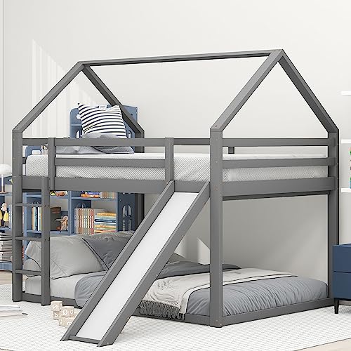 Moimhear Doppelbett Kinderbett 140x200cm, Hausbett Etagenbett mit Rutsche und Leiter, Kinderzimmer Hoch-Doppel-Stockbett (Grau)