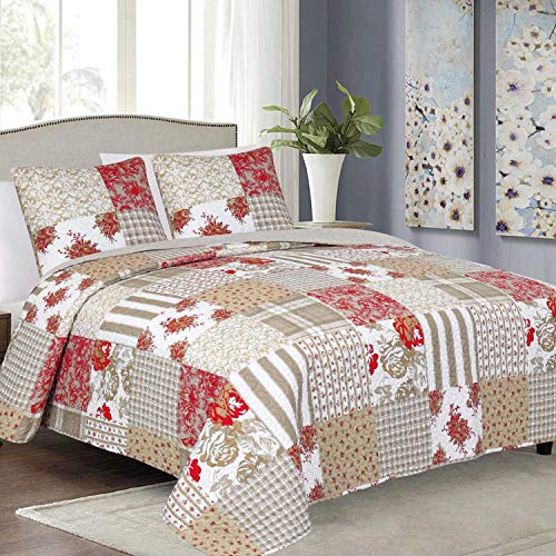 Euromat Tagesdecke Steppdecke Bettüberwurf Gesteppte Tagesdecke mit 2 Kissenbezüge 40x40 cm- (Beige Rot Weiß Americana- J-080, 180x220 cm)