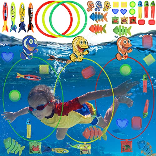 HuaMuDM Pool Tauchen Spielzeug, 27 Stück Tauchspielzeug für Kinder mit Tauchringe Tauchtiere Tauchtorpedo,Tauchen Spielzeug,Unterwasserspielzeug für Kinder,Schwimmbadspielzeug