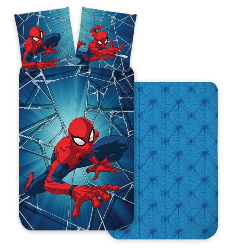 Brandmac Bettwäsche-Set Spiderman, 3-teilig, mit Spannbettlaken, 100 % Baumwolle, Bettbezug 140 x 200 cm + Kissenbezug 65 x 65 cm + Spannbettlaken 90 x 190 cm