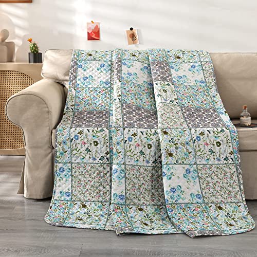 Qucover Tagesdecke 140x200cm Patchwork Muster Bettüberwurf Einzelbett Kleine Patchworkdecke aus Mikrofaser Gesteppt und Wattiert Sofadecke mit Blumenmuster Landhaus Stil