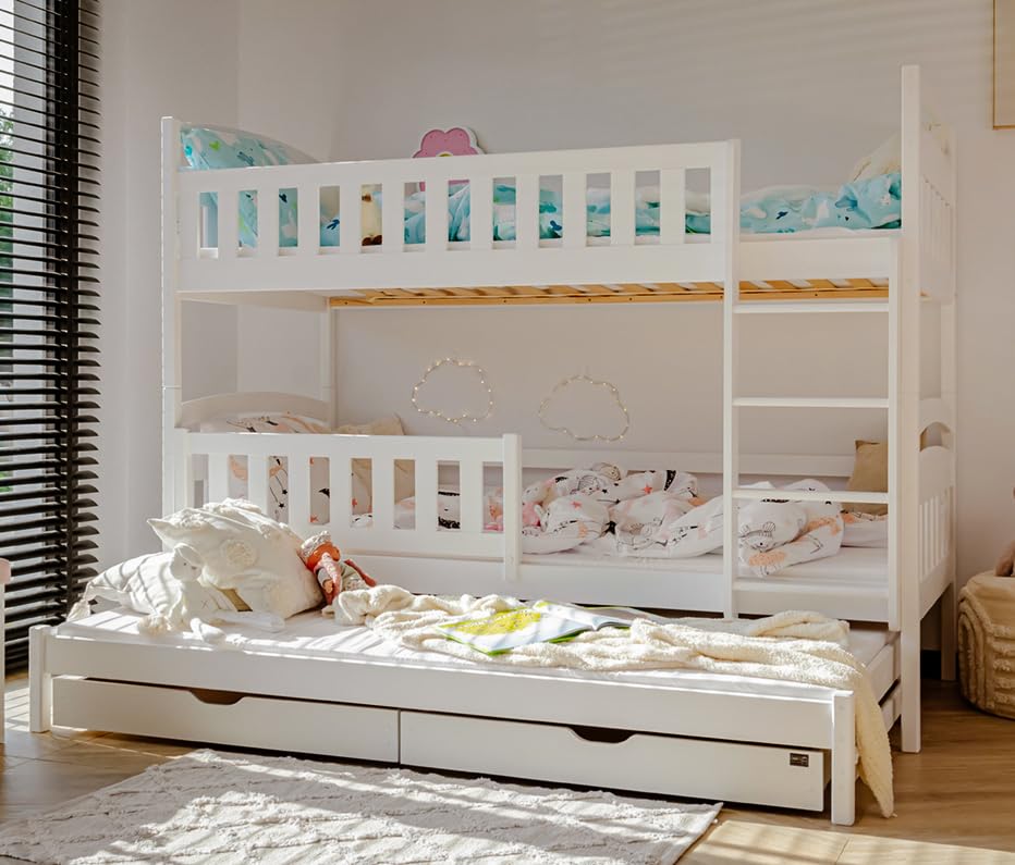 Kids Collective Hochbett 90x200 cm mit Ausziehbett Etagenbett mit Ausziehfunktion, zwei Schubladen, Lattenrost, Rausfallschutz, umbaubar in drei Einzelbetten, in weiss Kinderbett 200x90